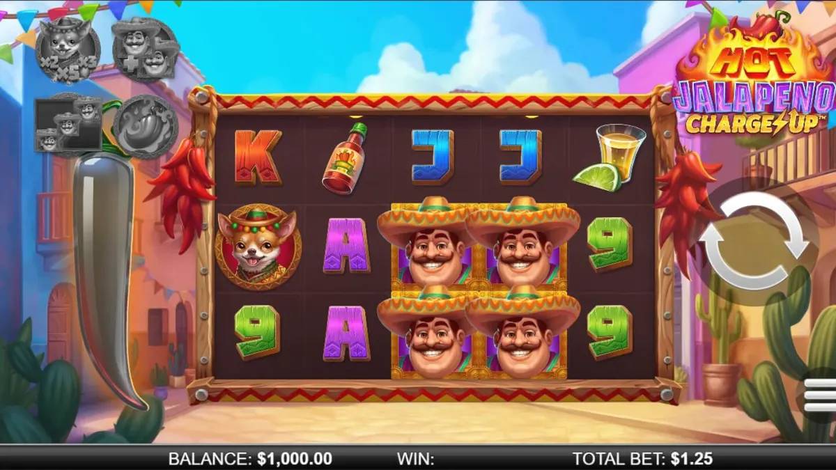 Tampilan visual slot Hot Jalapeño Charge Up dengan tema festival Meksiko yang ceria